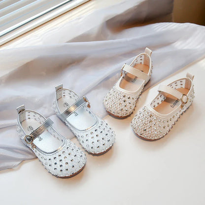 Summer Toddler Girls Princess Rhinestone Mesh Mary Jane Shoes Round Toe Hook Loop Non-Slip Soft Sole Casual Daily Walking Shoes