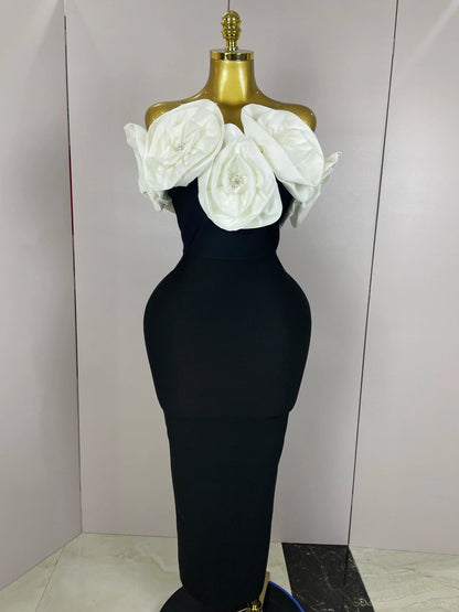 Red Flowers Sexy Off The Shoulder Ankle Lenght Bandage Dress Woman Birthday Party Vestido Wedding Party Outfit
