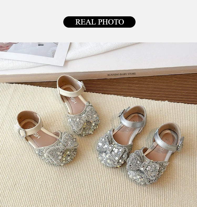 Faux Gemstones Shoes for Kids Girls Shining Crystal Girls Dress Shoes for Party and Wedding Bowtie Children Girl Sandals I04204