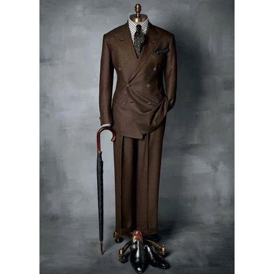 Brown Double Breasted Men Suit Gentlemen Peak Lapel Business Smart Casual 2 Piece Jacket Pants Male Clothing High Quality Blazer