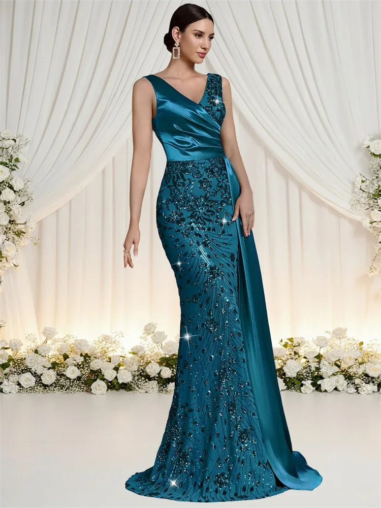 Elegant V-neck Splice Ribbons Sequins Evening Dresses Woman Sleeveless Mermaid Formal Luxury Wedding Party Prom