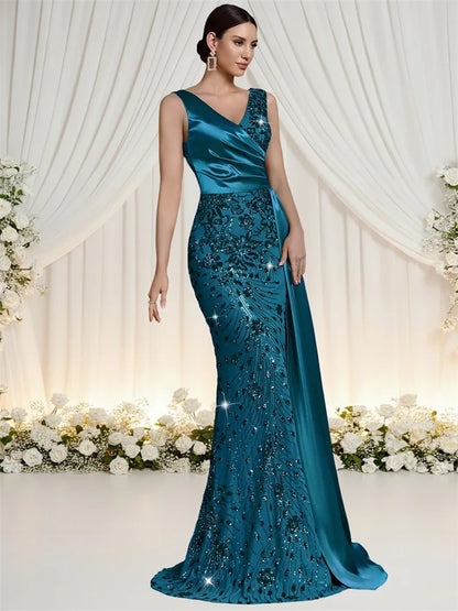 Elegant V-neck Splice Ribbons Sequins Evening Dresses Woman Sleeveless Mermaid Formal Luxury Wedding Party Prom