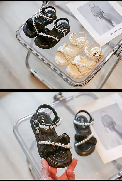 Chic Girls Pearl Flat Sandals 2026 Summer Baby Princess Girls Children Beige Dance Performance Shoes Girl Platform Sandal G05223