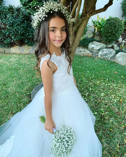 Communion Girl Dress Lace Appqulies Bodice Floor-length Skirt Puffy Dress with Long Train Formal Party Toddler Clothe