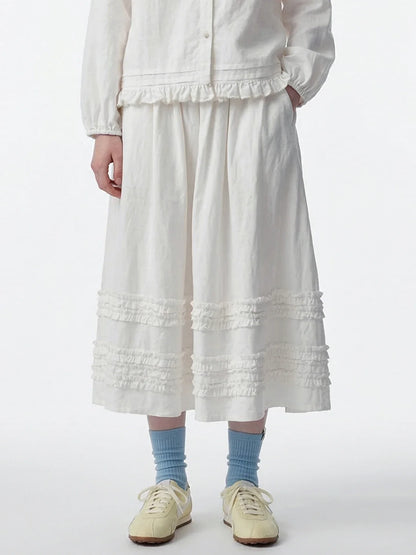 Artistic ruffled half skirt for women, imakokoni 2026 spring forest style white midi skirt, versatile 265387