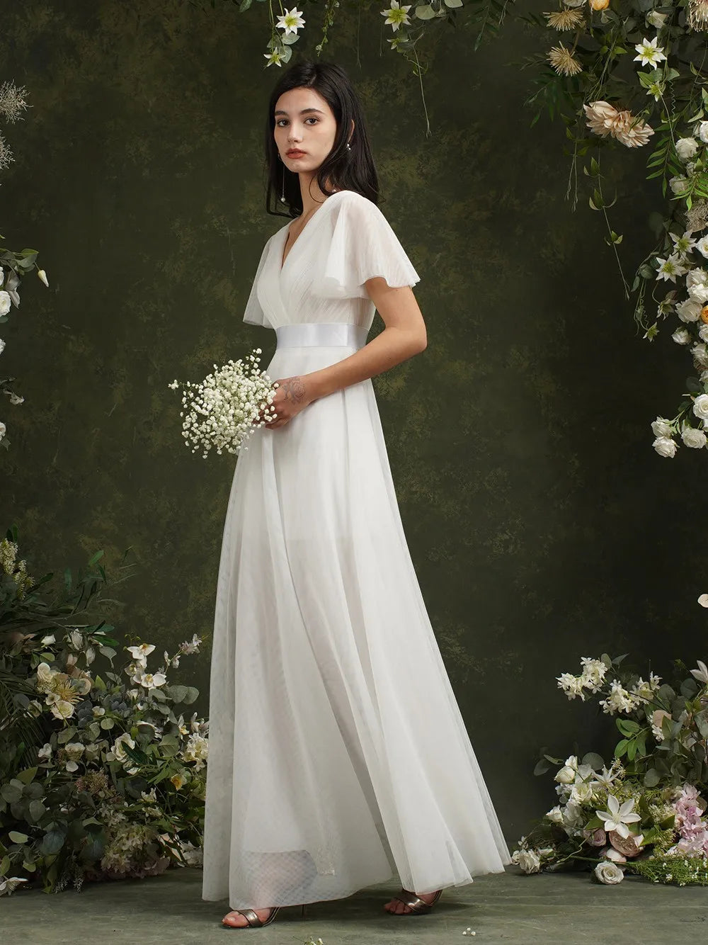Empire Evening Dresses Cross V-Neck Tulle Short Sleeve Sashes Wedding Dress Sexy Backless Women's Formal Party Gowns