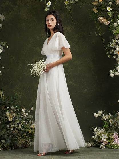 Empire Evening Dresses Cross V-Neck Tulle Short Sleeve Sashes Wedding Dress Sexy Backless Women's Formal Party Gowns