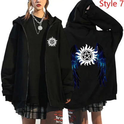 New Supernatural Printed Zipper Hooded Fashion Women Men Sweatshirt Casual Sport Hoodie Personality Zipper Long Sleeve Coat