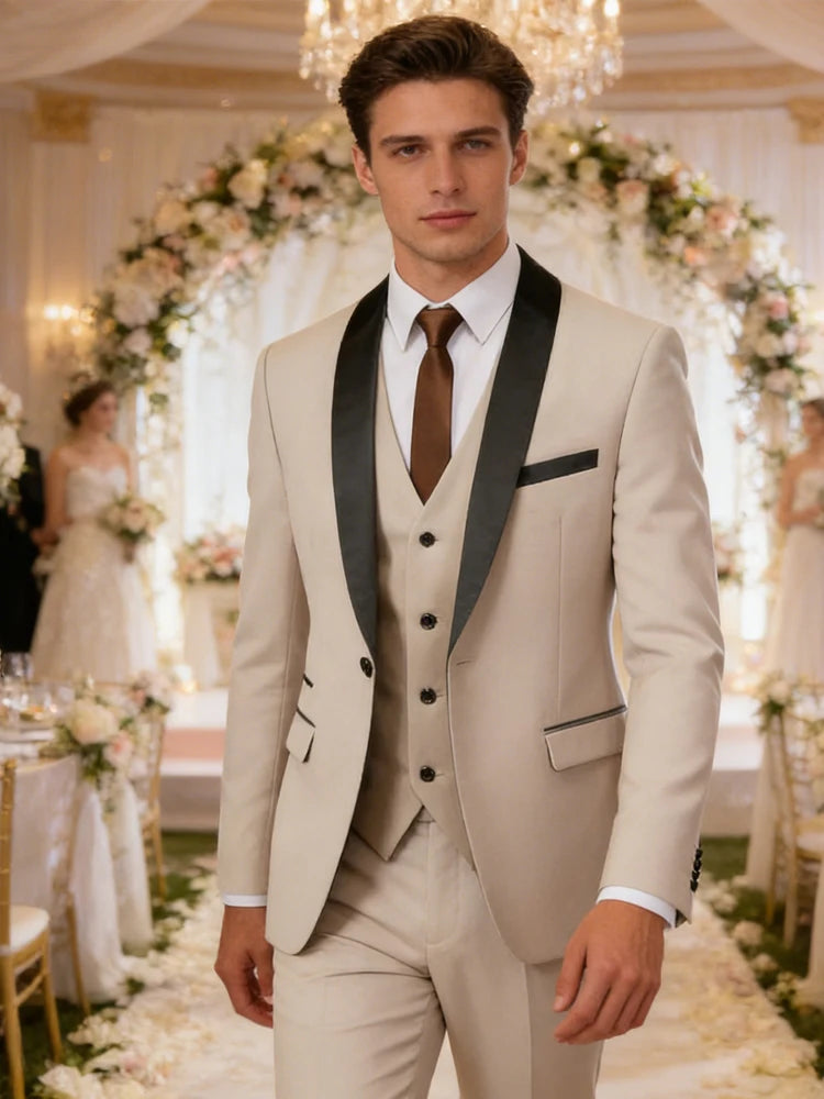 Conjunto Masculino Terno 3 Peças Smoking Um Botão Gola Xale de Cetim Slim Fit Blazer Colete Calças Para Formal Negócios Casamento Noivo