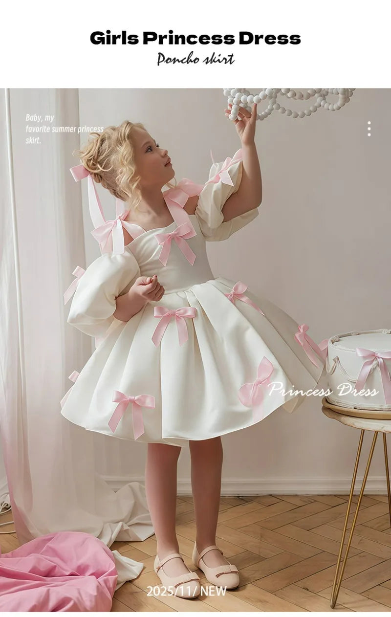 2-8Y Kids Girls Skirt Little Girls Puff-Sleeve Princess Dress Birthday Party Piano Host Performance Dress Belle Ball Gown