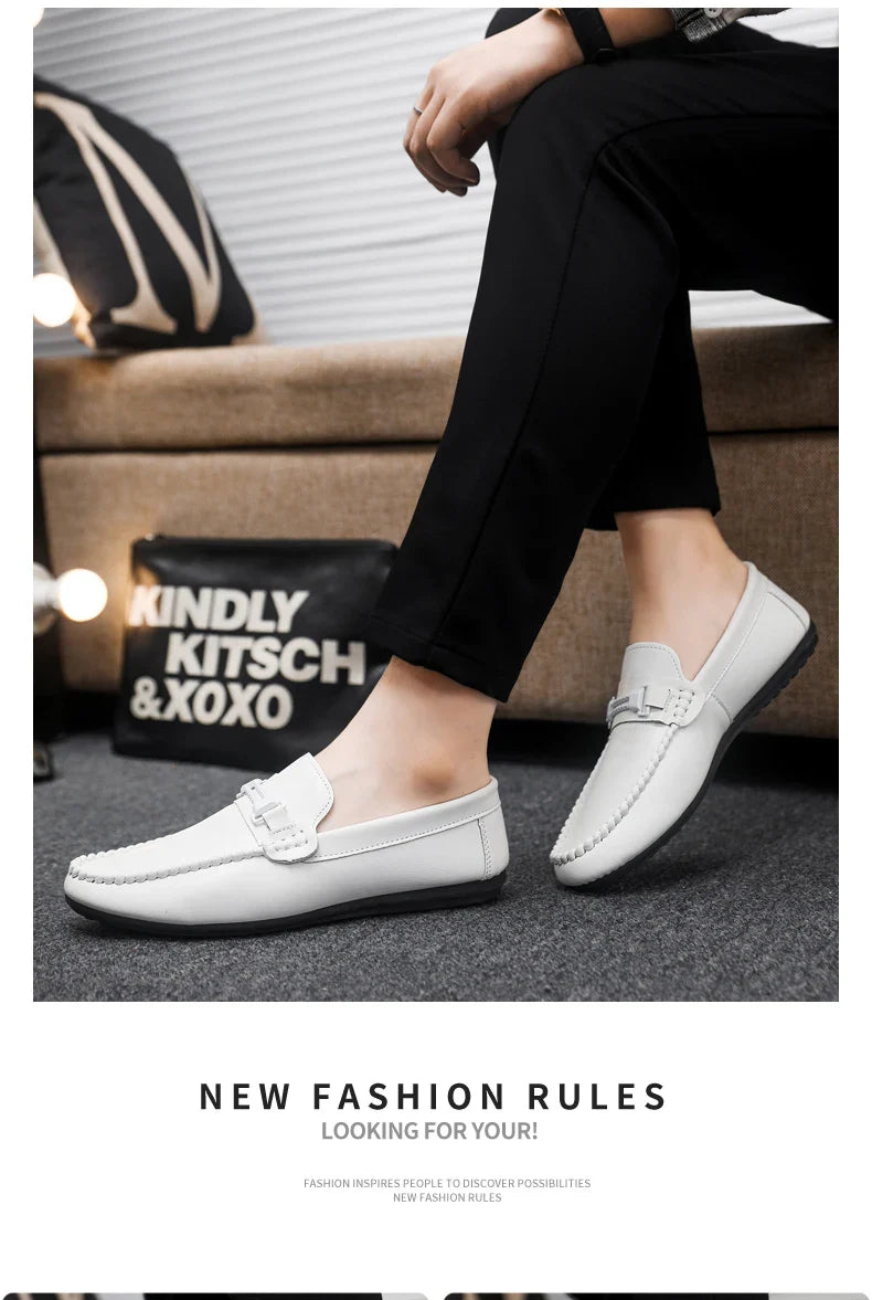 Trend White Loafers Man Big Size 46 Breathable Lightweight Men's Leather Shoes Comfortable Casual Shoes Men Driving Shoes