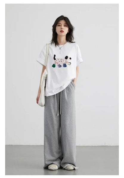 CHIC VEN Camisetas Femininas Soltas Streetwear Unissex Divertido Cão Bordado Manga Curta Algodão Blusas Menina Femininas Verão 2025