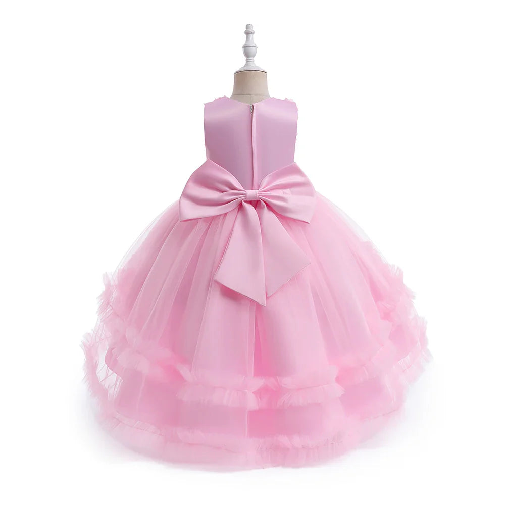 Summer Flower Party Girls Dress Christmas Costume Tulle Trailing Bridesmaid Princess Kids Dresses for Girl Wedding Birthday Gown