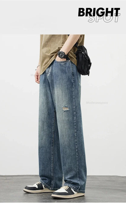 Korea Baggy Cargo Jeans Men Vintage Straight Ripped Y2k Pants Fashion Frayed High Street Distressed Denim Trousers Male Clothes