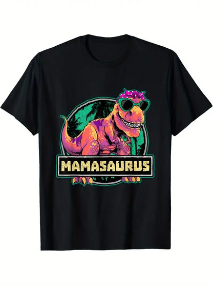 Funny MamaSaurus T-Rex Dinosaur Mom T-Shirt Retro Vintage Tee Soft Crew Neck Short Sleeve Shirt - Mother's Day Gifts for Women
