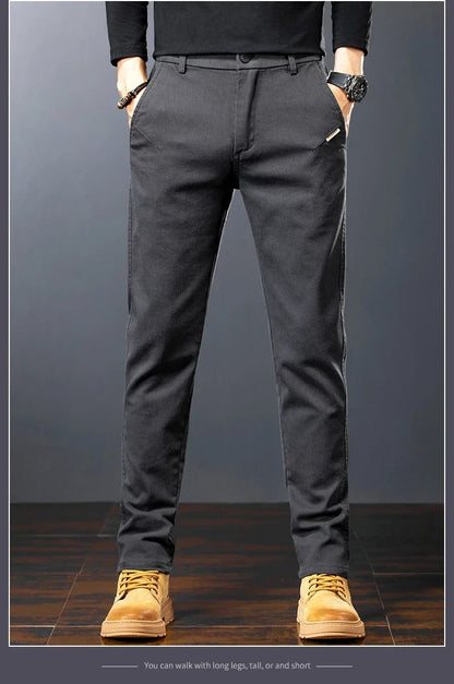 Men's Twill Slim Pants Business Straight Cotton Casual Trousers Brand Fashion Korean Elastic Coffee Black Gray Pant