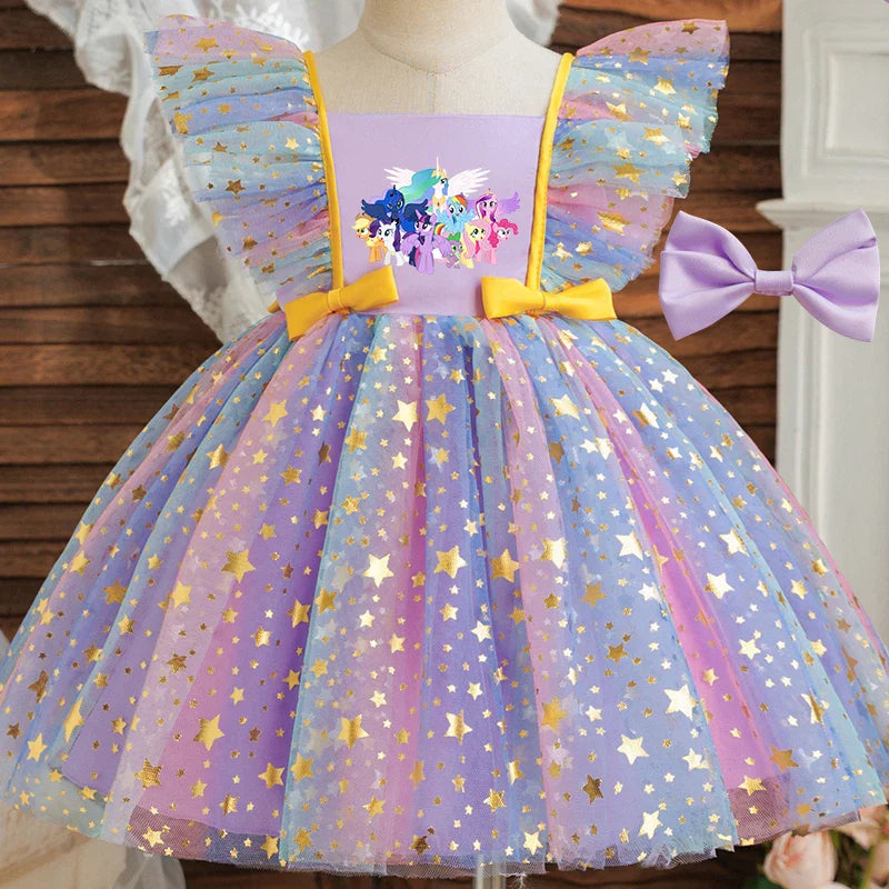 Vestido de Princesa My Little Pony para Meninas Lantejoulas Estrela Babados Laço Tutu Roupa Formal de Bebê Baile Gala Fantasia Infantil para Festas