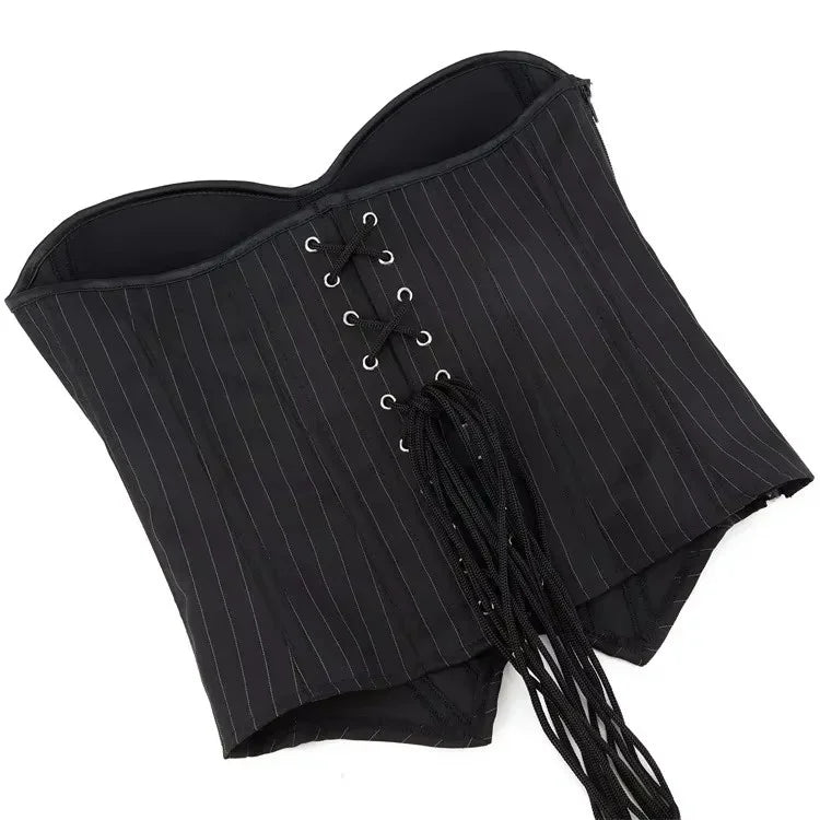 Black Striped Zipper Overbust Corset and Bustier Shapewear Top for Women Office Lady Corselet