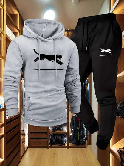 Casual Cargo Sweatshirt & Jogger Set Black White Leopard Print Soft Comfort Fabric Loose Fit Hooded Pullover Multiple Pockets