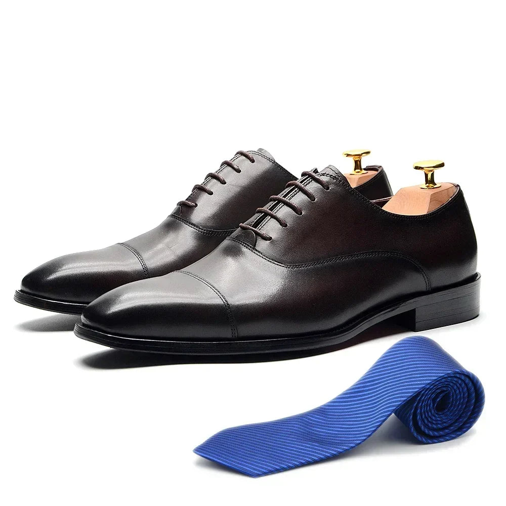Classic Cowhide Genuine Leather Mens Dress Shoes Black Brown Cap Toe Lace-Up Oxford Company Business Office Formal Shoes for Men