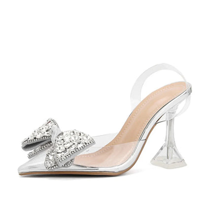 PVC Transparent Women Pumps Sexy Crystal Bowknot Pointed Toe  Slingback High Heels Mules Sandal Female Wedding Prom Shoes