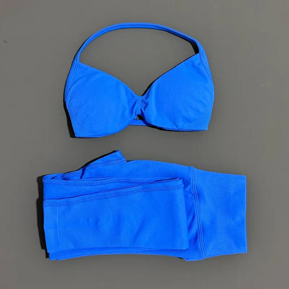 2 Piece Sports Set Women Yoga Backless Halter Bra High Waist Scrunch Seamless Pants Sport Suit Gym Sportswear Workout Set