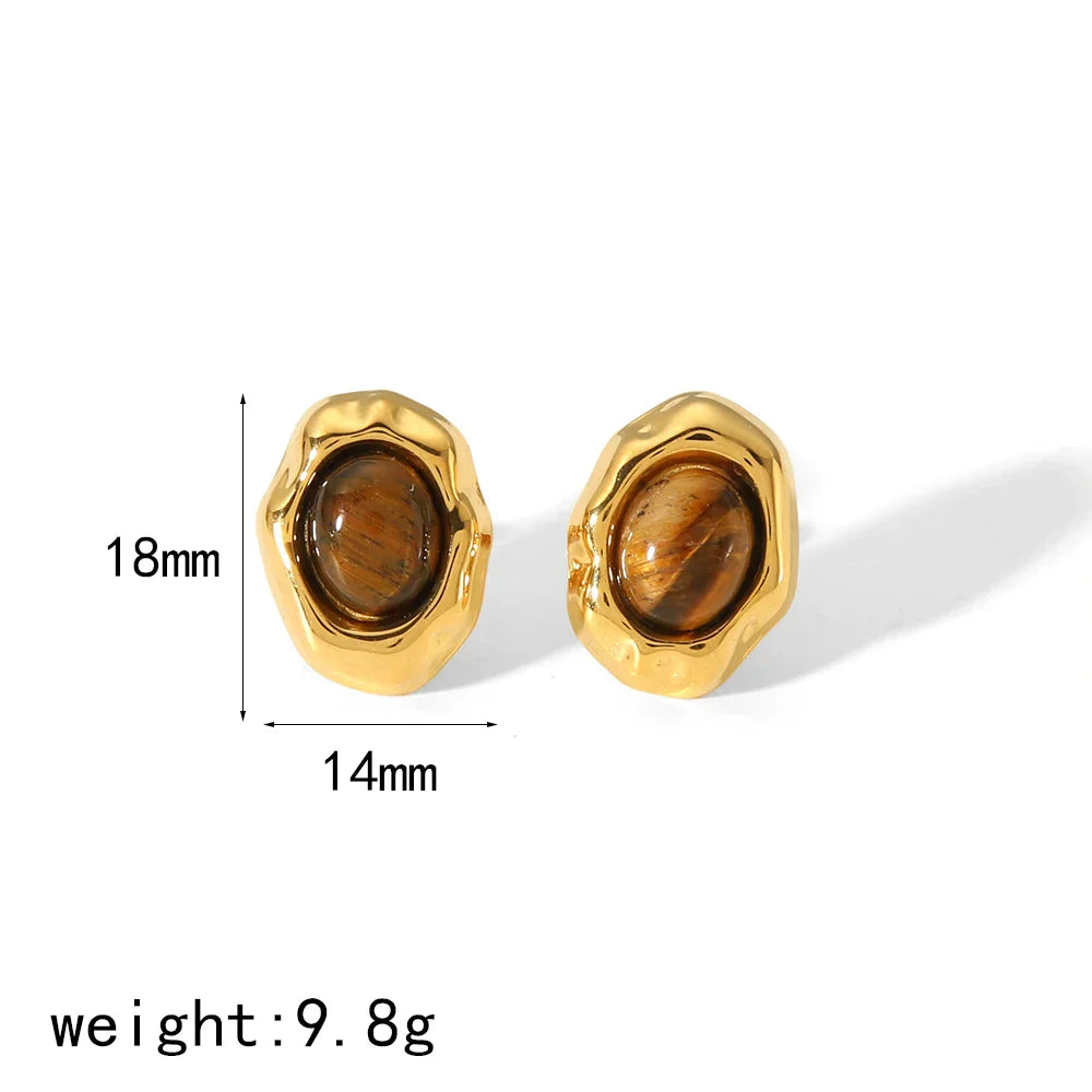 New Products Statement Nature Stone Tiger-eye Earrings Waterproof Gold Plated Stainless Steel Pearl Stud Earrings for Women