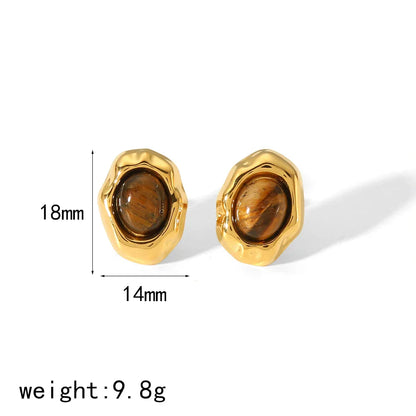New Products Statement Nature Stone Tiger-eye Earrings Waterproof Gold Plated Stainless Steel Pearl Stud Earrings for Women