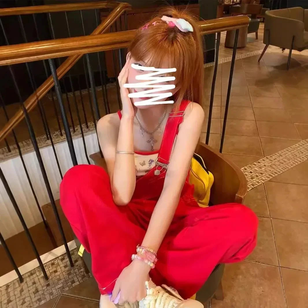 American Retro Red Denim Overalls Women Summer Loose Slimming Design Long Pants High Waist Overalls Vintage Style Jeans