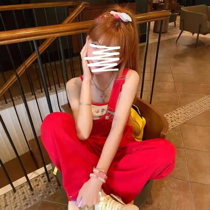 American Retro Red Denim Overalls Women Summer Loose Slimming Design Long Pants High Waist Overalls Vintage Style Jeans