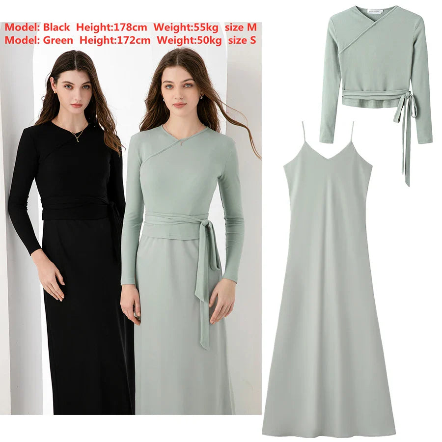 woman clothing high Stretch ribbing closed-fit wrap tops + Matte Satin dress Maxi matching sets (ship out in 1 day)