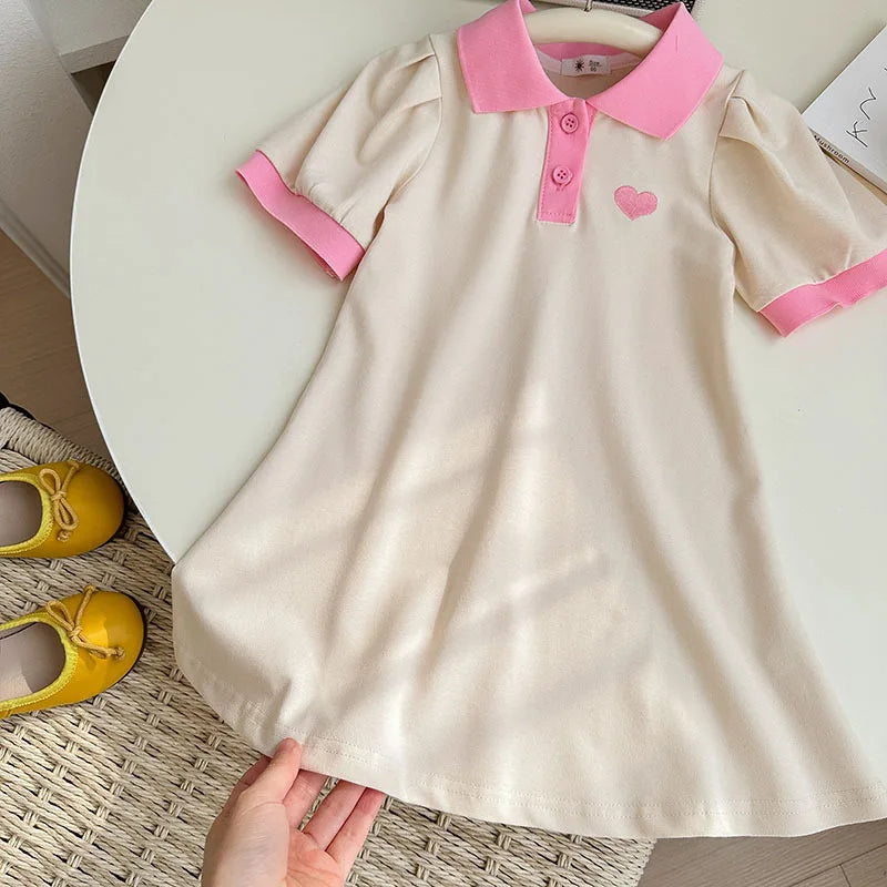 2026 Summer Stylish Girls' Polo Shirt Dresses 1-7Y Trendy Embroidered Heart Lapel Dress for Kid's Children's Clothing Outfit