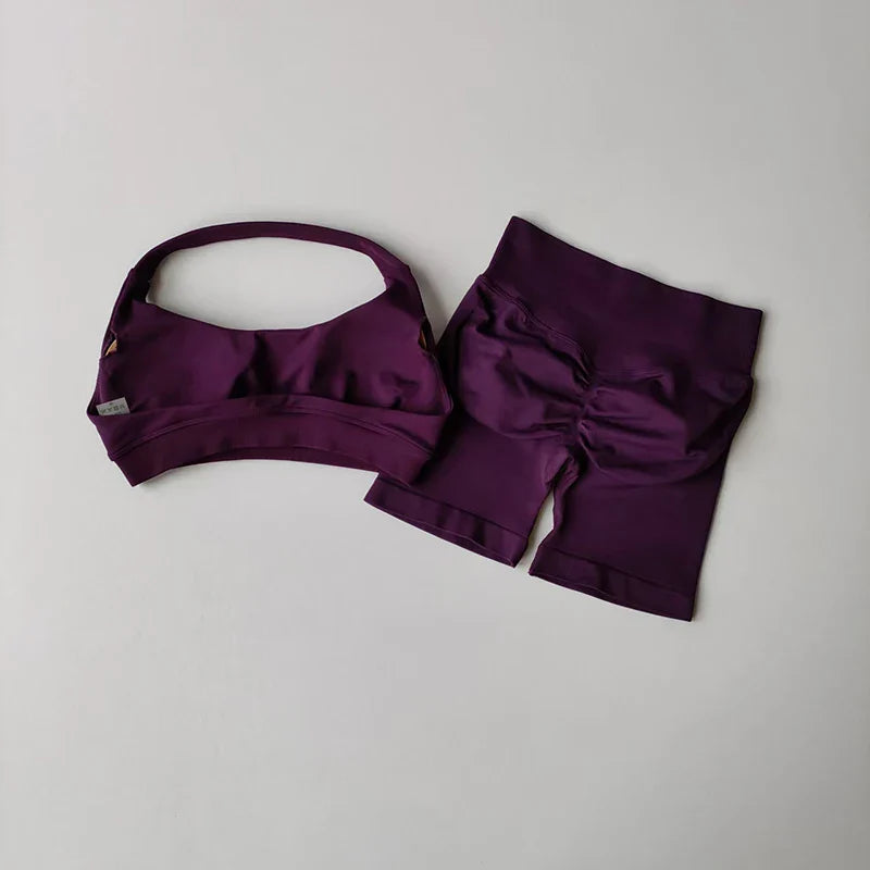 Sexy Halter Neck Beautiful Back High Waist Peach Sports Bras Shorts Suit Pilates Gathering Yoga Vest Training Fitness Bra Sets