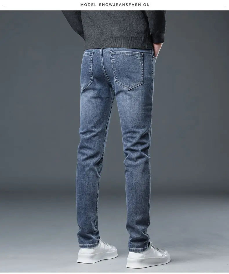 New Autumn/winter 2025 Stretch Wash Jeans for Young Men with Small Straight Elastic WaistJeans Pants Fashion Men's Trousers