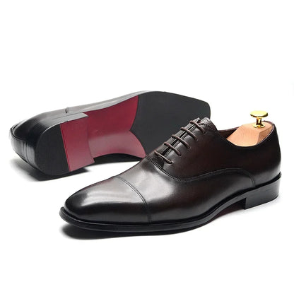 Classic Cowhide Genuine Leather Mens Dress Shoes Black Brown Cap Toe Lace-Up Oxford Company Business Office Formal Shoes for Men