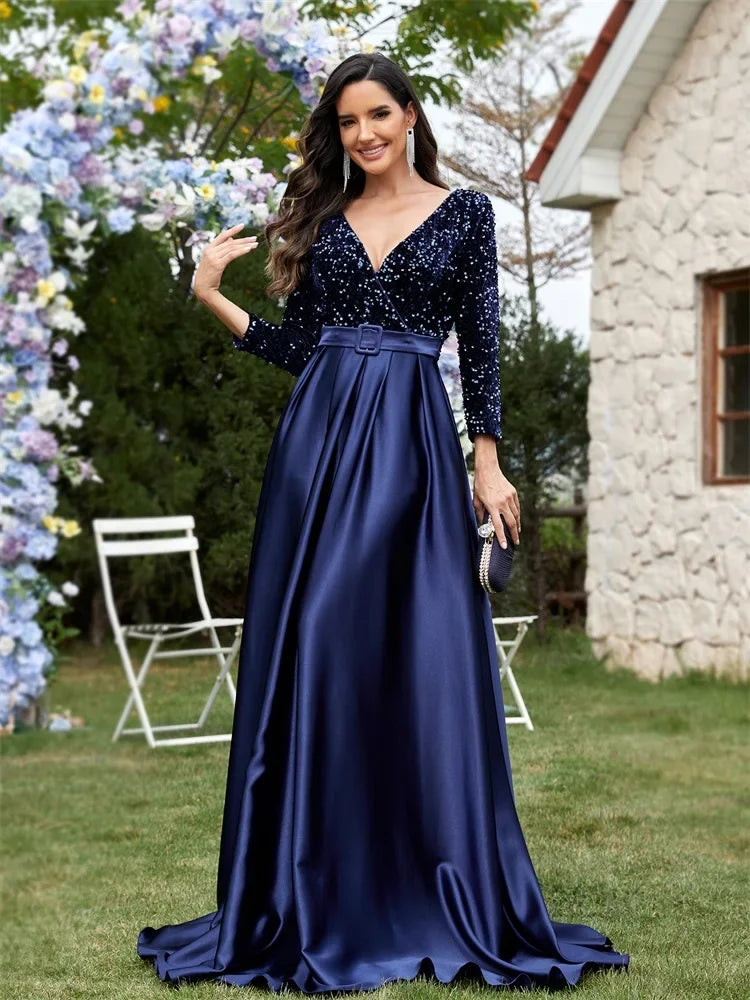 Luxury Long Sleeve V-Neck Satin Formal Evening Dresses 2025 Elegant Wedding Party Sequins Women Prom Cocktail Gowns