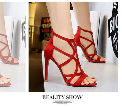 Women Roman Style Thin High Heels Pumps Pointed Toe Suede Hollow Strap Party Shoes Solid Ankle Zip Summer Sandals