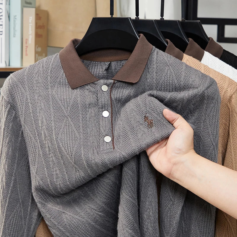 Men's Autumn and Winter Light Luxury 100% Cotton Men's Embroidered Knitted T-shirt Casual Business Sweater Polo Shirt
