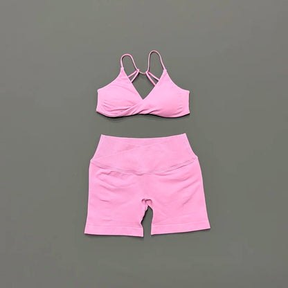 Women 2 Piece Gym Set Seamless Yoga Sports Bra V Neck Twist Front Tummy Control Butt Lifting Shorts Fitness Running Workout Set