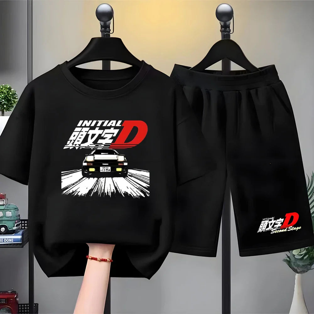 Children T-shirt+Shorts Japanese manga racing car Fashion Print Boy Girl Toddler 3-12Yrs Short-Sleeved Set refreshing Summer