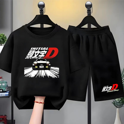 Children T-shirt+Shorts Japanese manga racing car Fashion Print Boy Girl Toddler 3-12Yrs Short-Sleeved Set refreshing Summer