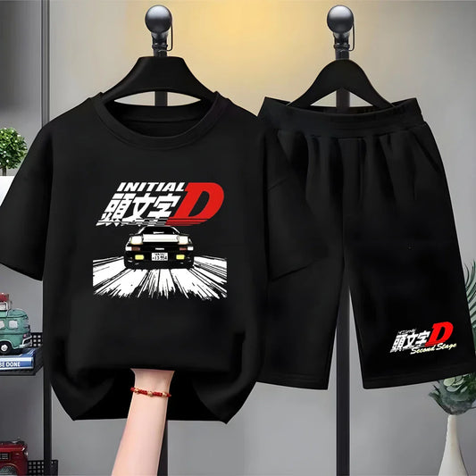 Children T-shirt+Shorts Japanese manga racing car Fashion Print Boy Girl Toddler 3-12Yrs Short-Sleeved Set refreshing Summer