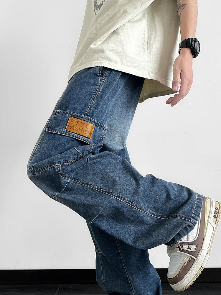 Men's Cargo Jeans with 5 Pockets Spring Summer All-Day Wide Leg Straight Baggy Jeans Brushed Warm Denim Pants Asian Size L-6XL