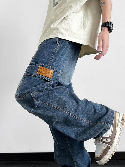 Men's Cargo Jeans with 5 Pockets Spring Summer All-Day Wide Leg Straight Baggy Jeans Brushed Warm Denim Pants Asian Size L-6XL