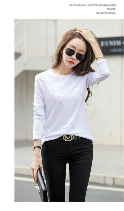 2026 Spring Long Sleeve Women O-Neck Bamboo Cotton T-Shirt Elegant Loose Ribbed Fashion Tee Shirt Ladies Simple Tops