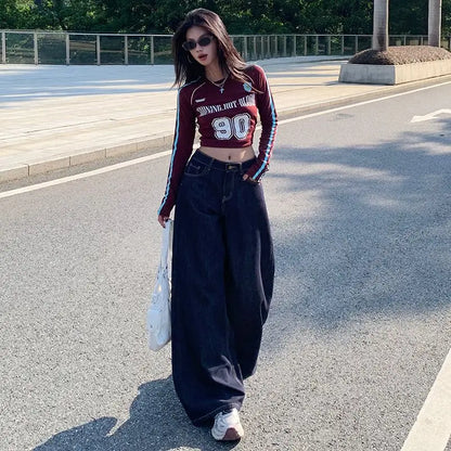 Vintage Washed Wide Leg Jeans Women Deep Blue High Waist