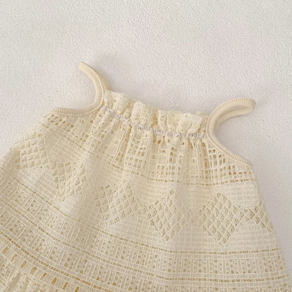 2025 New Summer Girls Lace Hollow Out Ruffled Straps Princess Dress Kids Party Dresses Baby Girls Fashion Summer Outfit