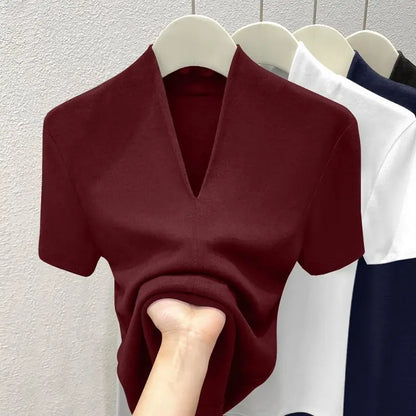 V Neck Slim T Shirt Women Cotton Elastic Basic Solid Female Casual Tops Short Sleeve Thin T-shirts