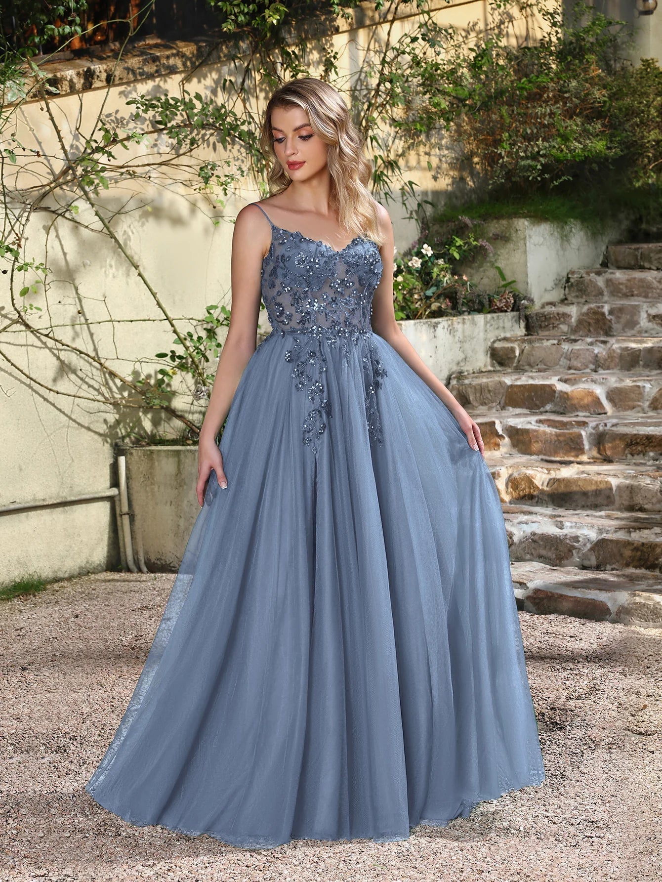 Shiny Appliques A Line Evening Dresses Elegant Fish Bone Beaded Illusion Spaghetti Straps Prom Gown Formal Party Vestido De Gala