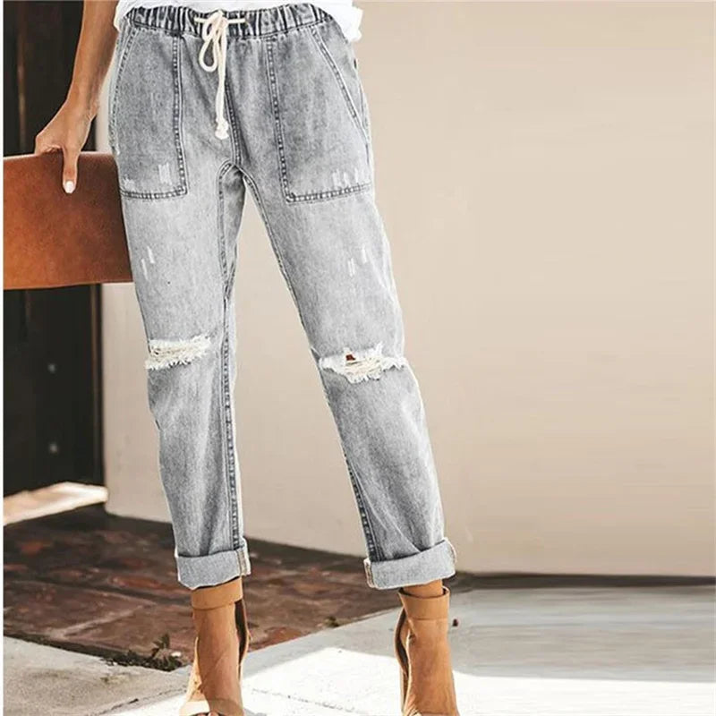 Women's Elasticated Waist Drawstring Tie Straight Jeans